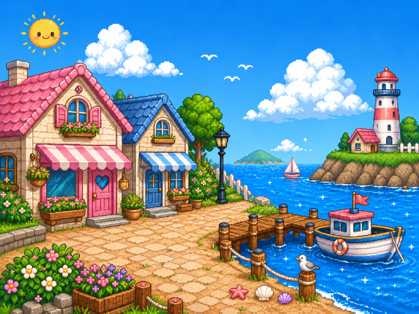 Saltbloom — a sunny seaside town with a lighthouse and a little boat